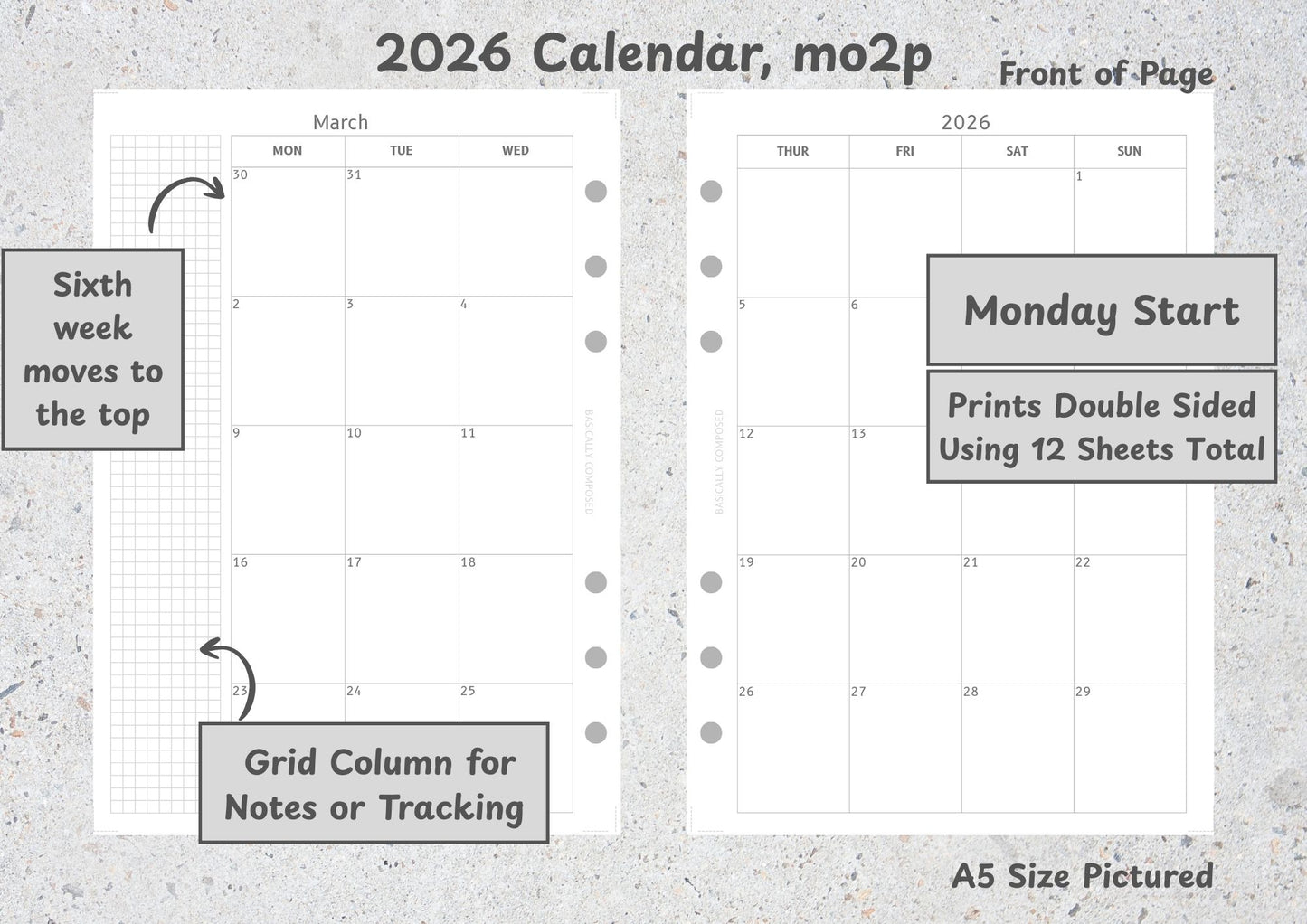 2026 Calendar, Month on Two Pages, Mon Start