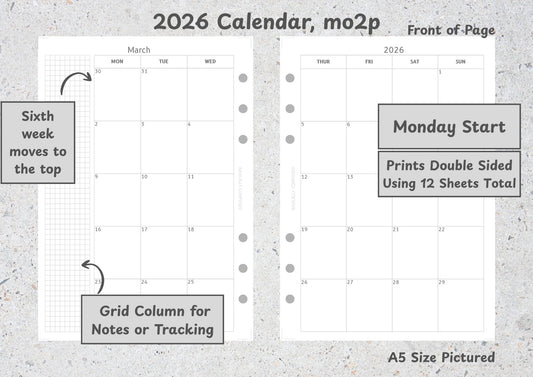 2026 Calendar, Month on Two Pages, Mon Start