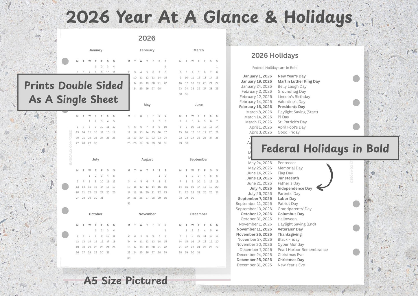 2026 Year-At-A-Glance and US Holiday List FREEBIE!