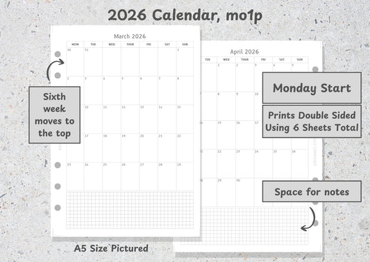 2026 Calendar, Month on One Page