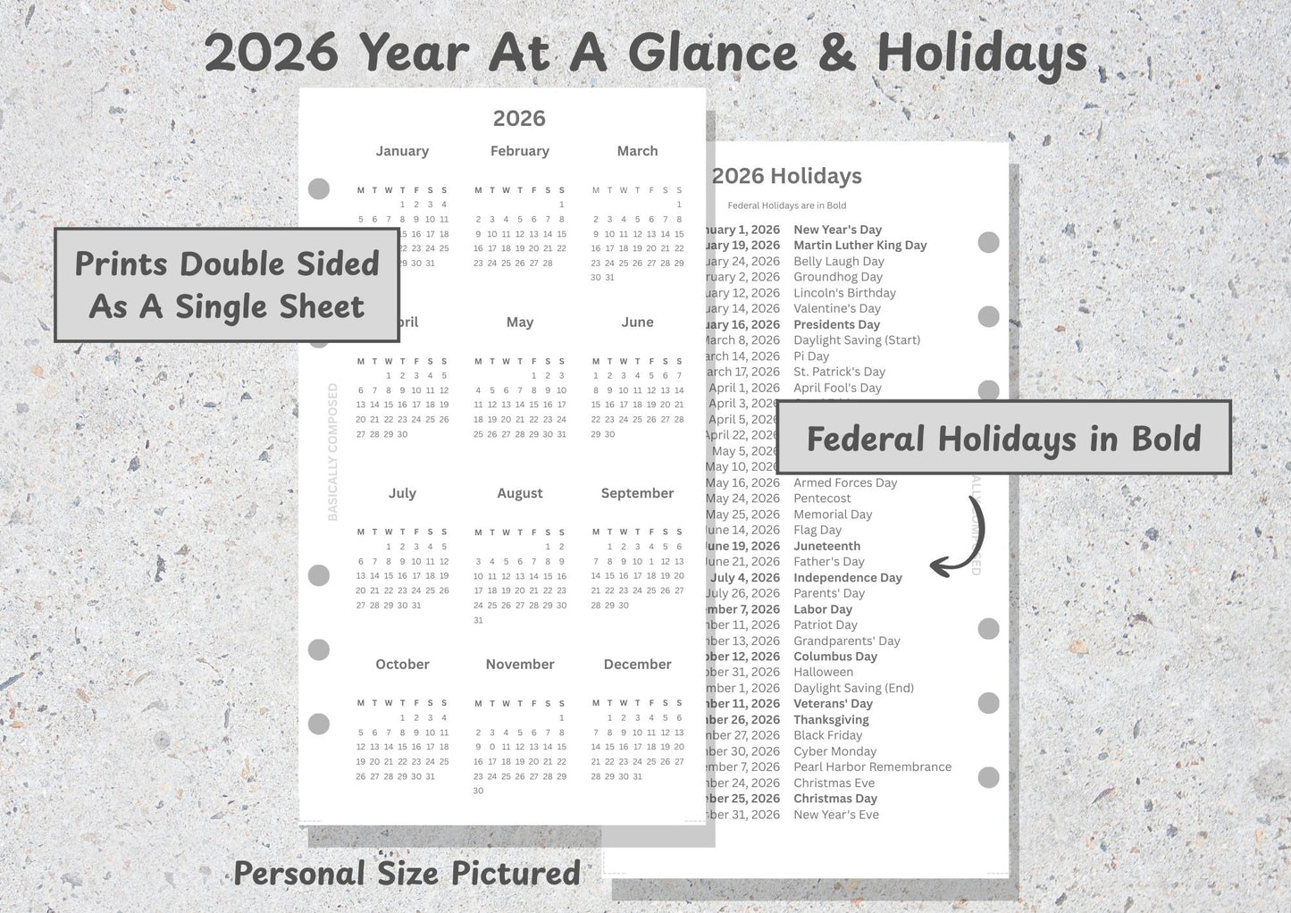 2026 Year-At-A-Glance and US Holiday List FREEBIE!