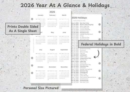 2026 Year-At-A-Glance and US Holiday List FREEBIE!