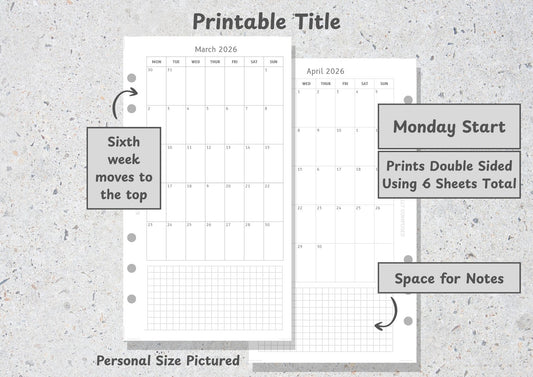 2026 Calendar, Month on One Page