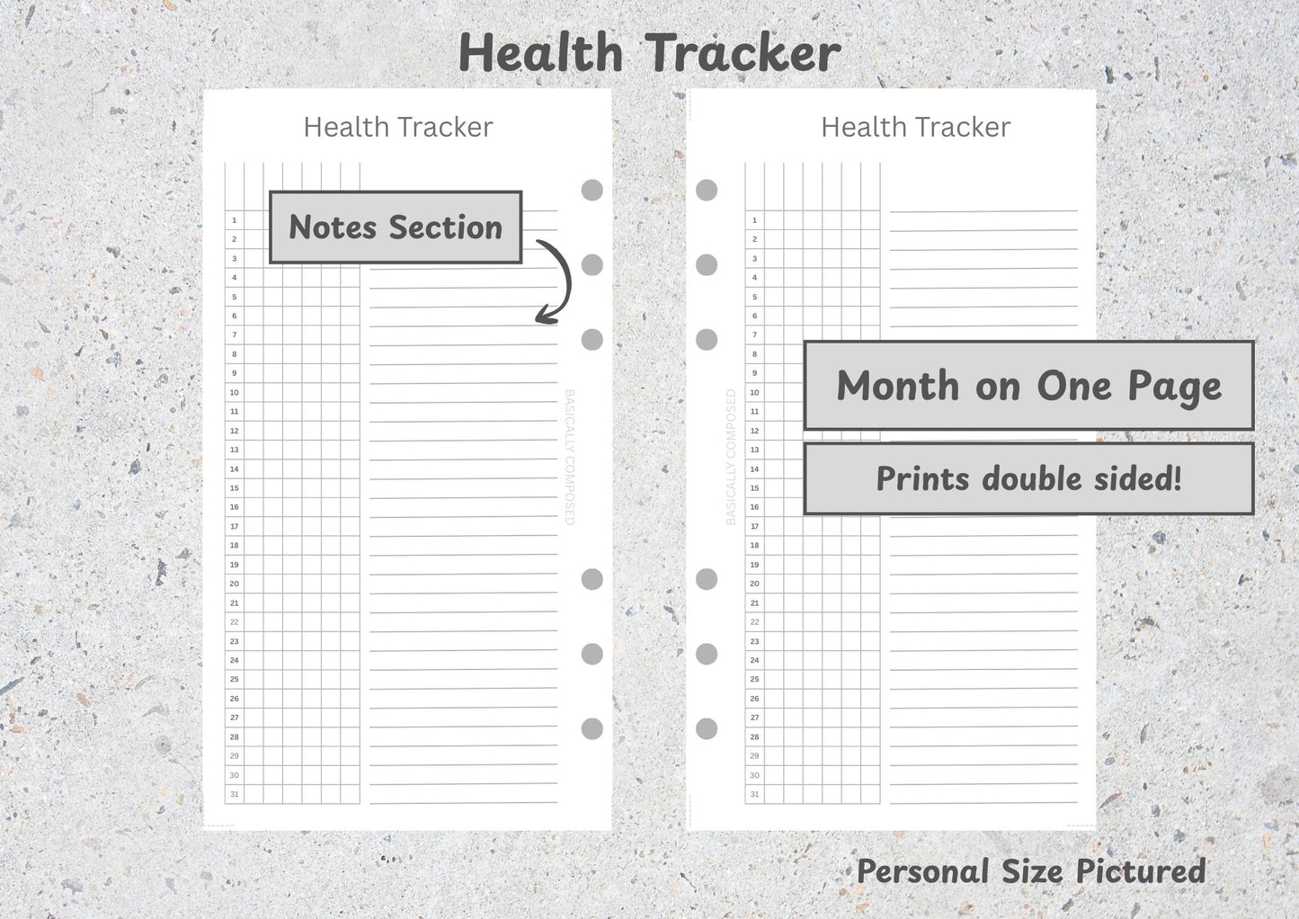Health Tracker, Month on One Page, With Notes