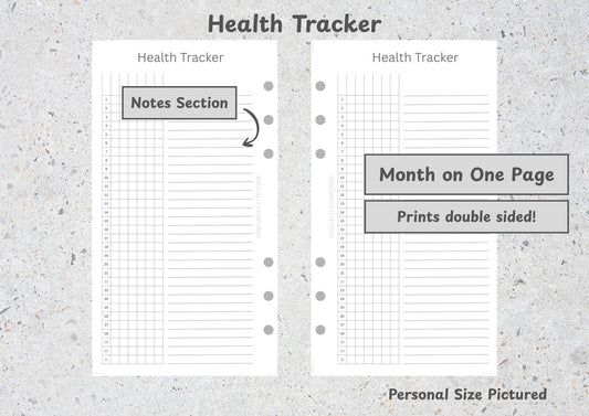 Health Tracker, Month on One Page, With Notes