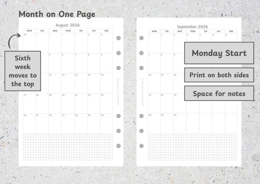 2026 Calendar, Month on One Page